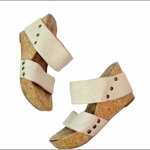 Lucky Brand Linen Canvas Cork Nailhead Studded Wedges Size 6